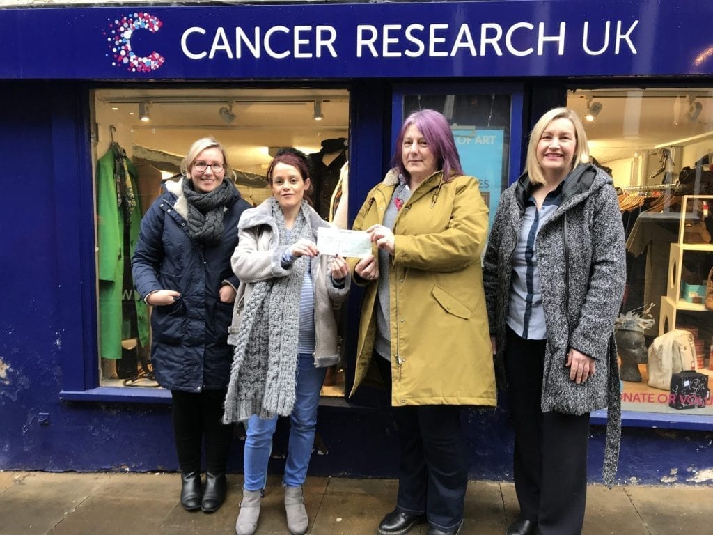 Left to right Judy Tagell from CH1ChesterBID Prize Winner Amanda Parker Alsion Hignett from Cancer Research UK and Karen Waugh from Lakeland